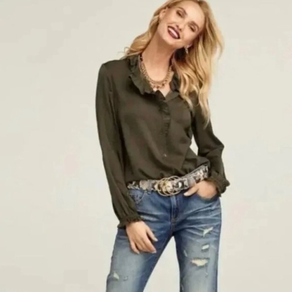 CAbi Olive Green Icon Blouse Boho Ruffle Summer Button Up Top Office Preppy 4167